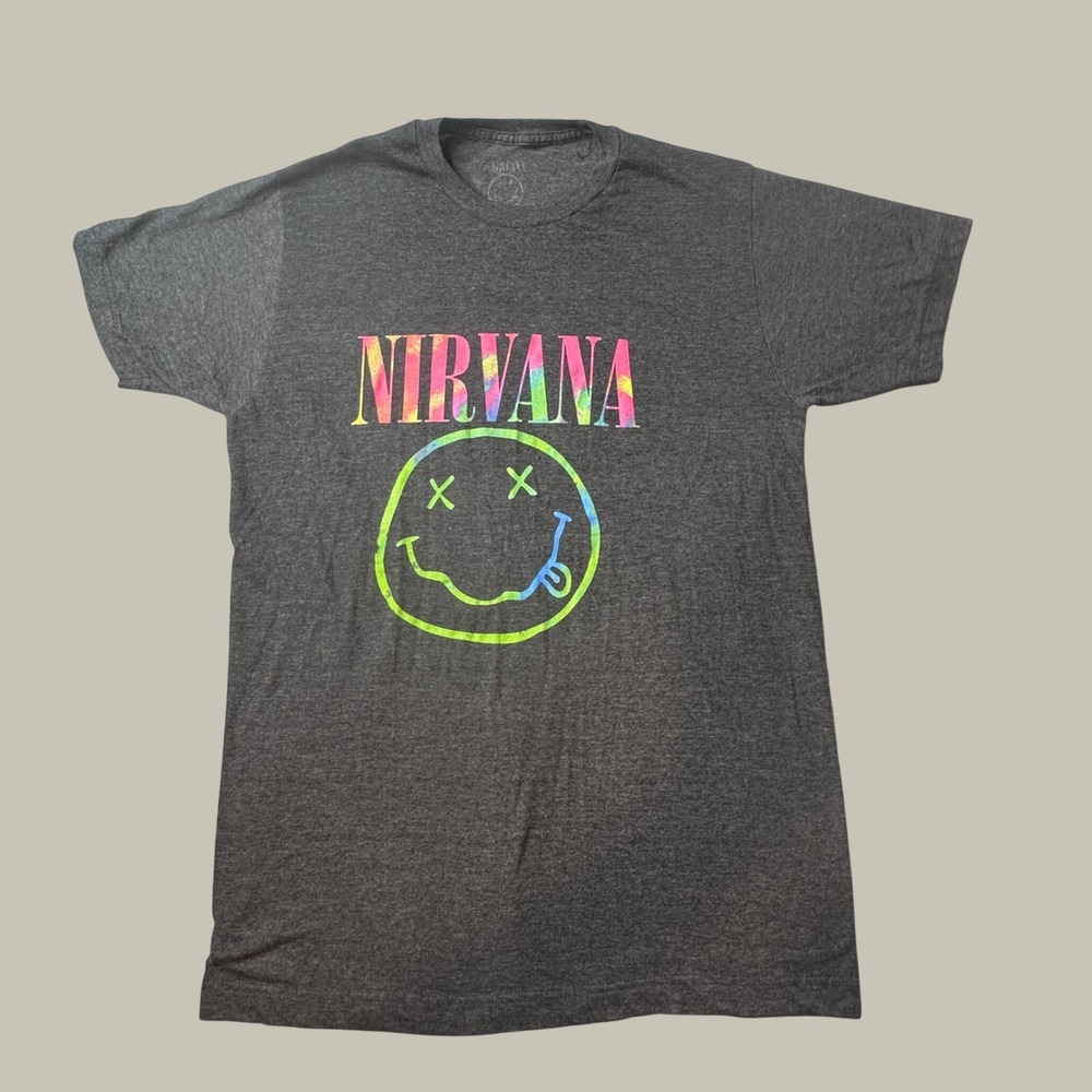 Nirvana T-Shirt Large Smiley Face Logo Charcoal Gray Rock Band Graphic Tee